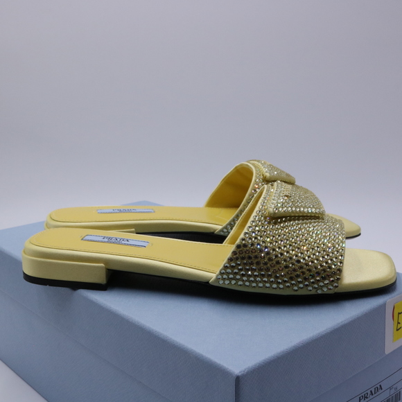 Prada 38 Yellow Crystal Strassed Ciabatte Logo Calzature Donna  Flat Slides E715 - Picture 7 of 13